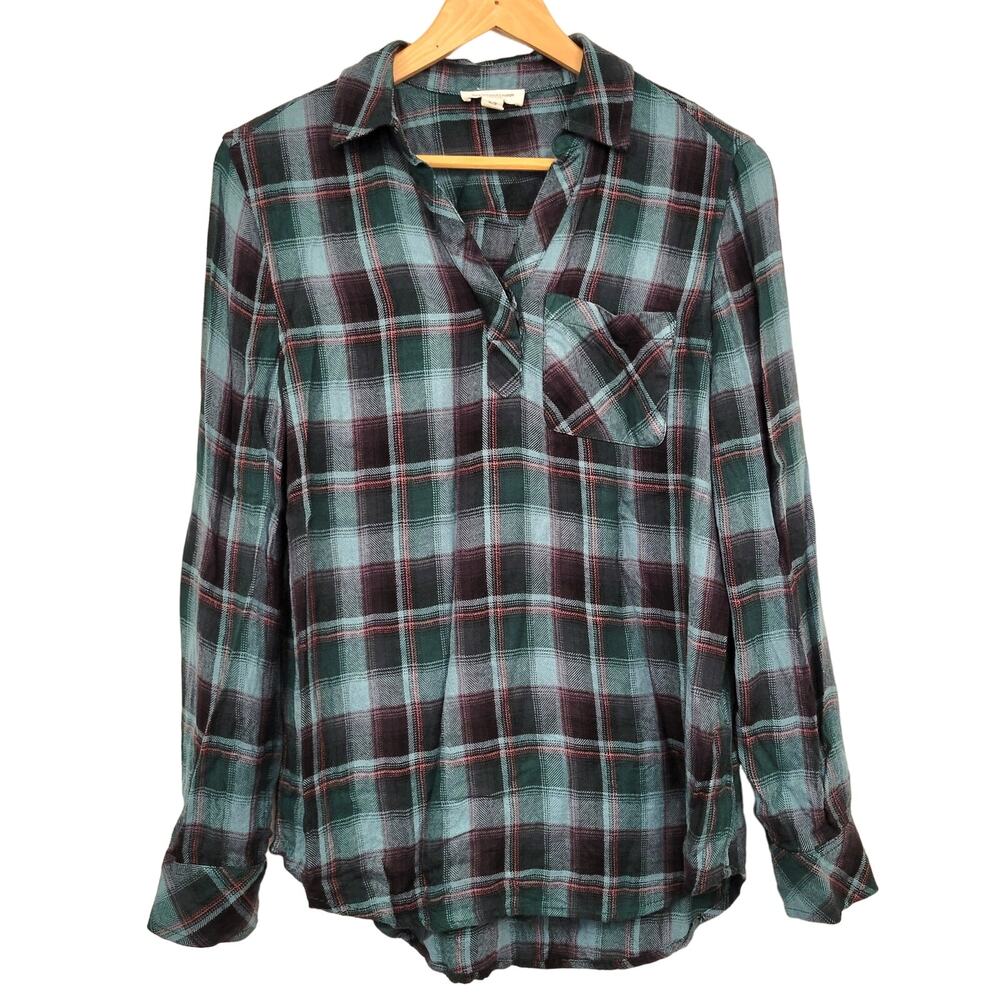 beachlunchlounge Top Women's Small Plaid Popover Long Sleeve Split Neck Collar